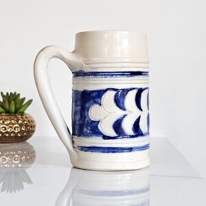 Vintage Blue & White Stoneware Beer Stein Mug – Handcrafted Pottery Tankard